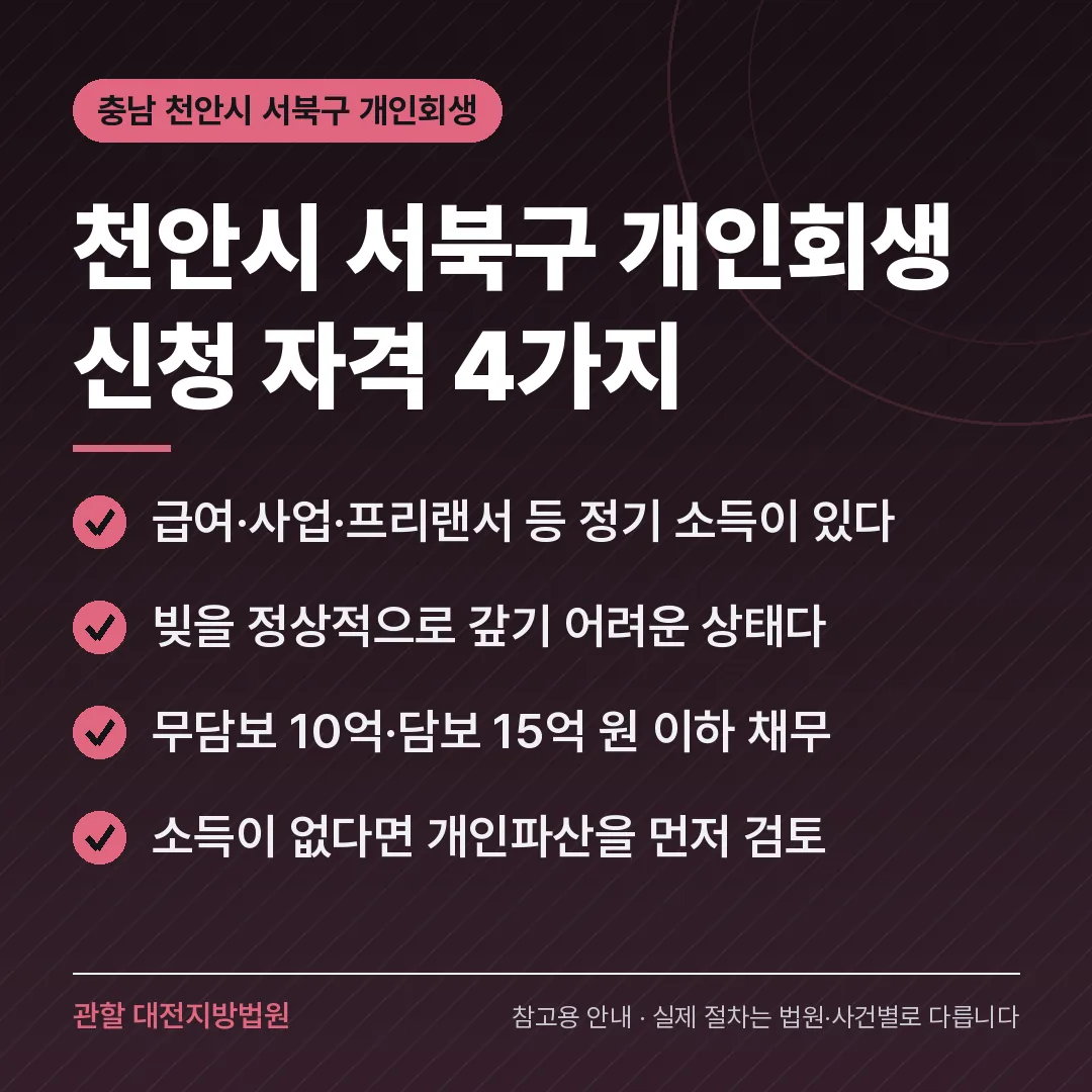 충남 천안시 서북구 개인회생 신청 자격 4가지 충남 천안시 서북구 개인회생 신청 자격 4가지