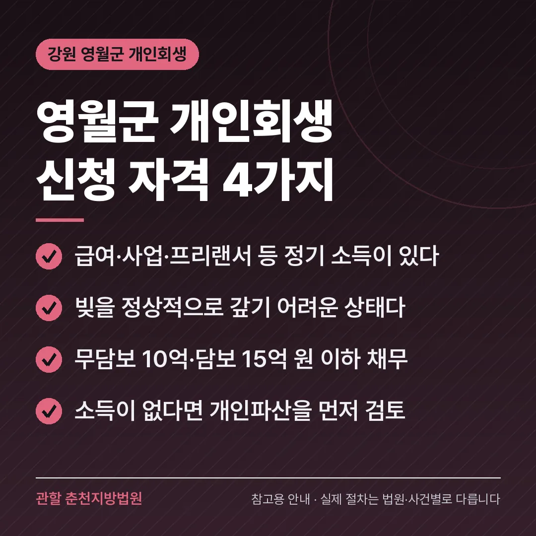 강원 영월군 개인회생 신청 자격 4가지 강원 영월군 개인회생 신청 자격 4가지