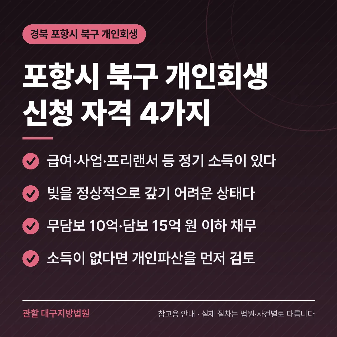 경북 포항시 북구 개인회생 신청 자격 4가지 경북 포항시 북구 개인회생 신청 자격 4가지